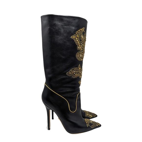 Versace Rare 2013 Western Cowboy Boots Black Leather Gold Studded Heels 40.5 - Picture 4 of 13